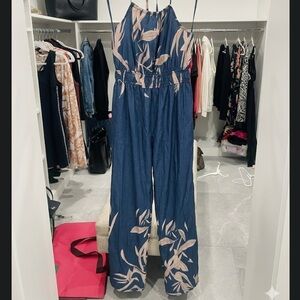NWOT Tropical Wide Leg Jumpsuit Boho Palm Print Halter Romper Blue Pink M